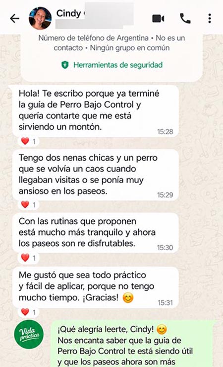 Captura de WhatsApp: testimonio de Cindy
